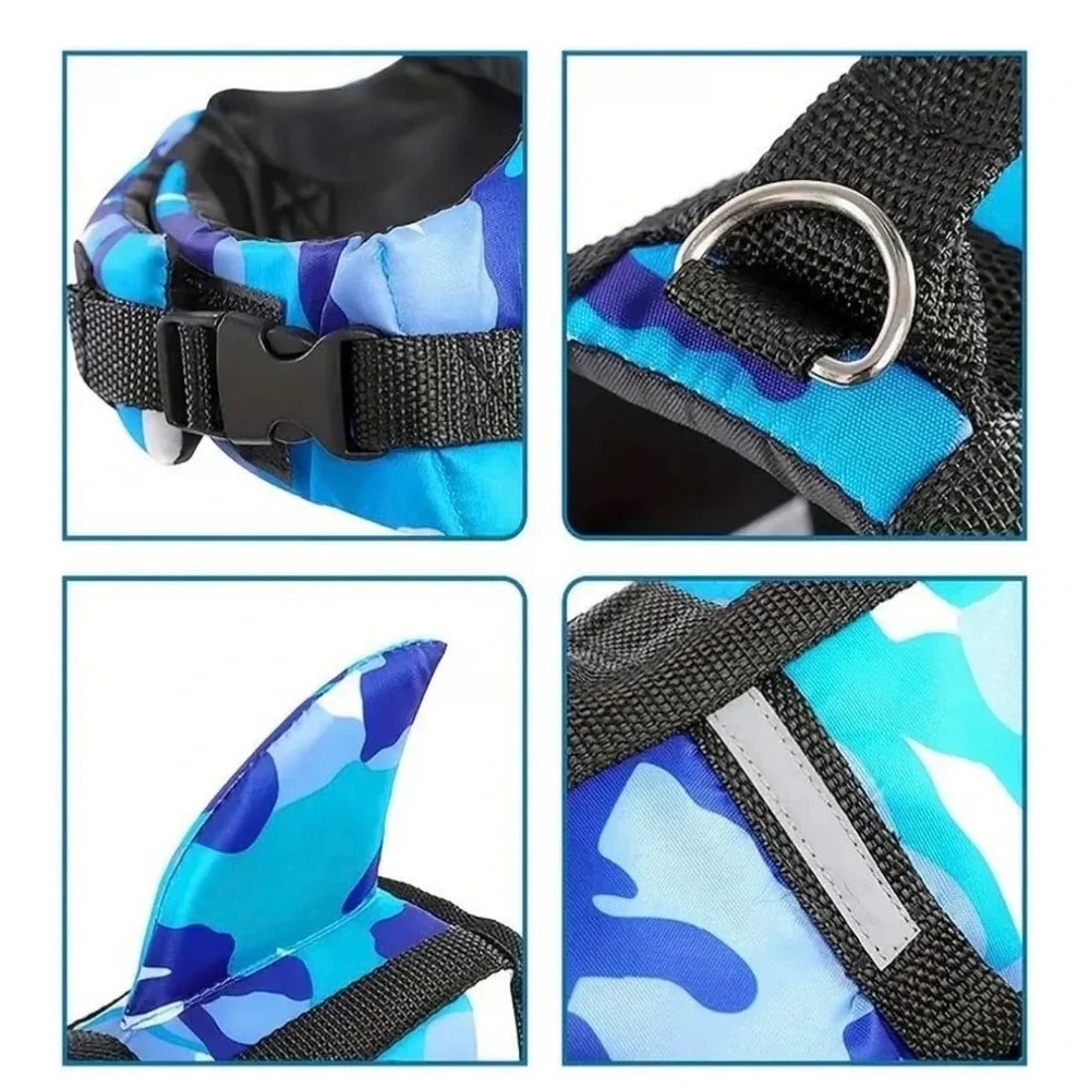 Green Camo Shark Fin Dog Life Jacket Small Reflective Pet Safety Vest Handle